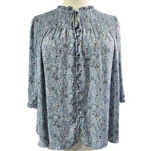Rose & Olive Blue Floral Smocked Keyhole Neck Button-Up Blouse Ditsy Romantic